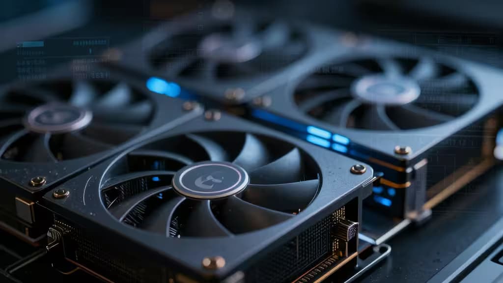Dual-fan graphics cards with blue LED accents, symbolizing crypto mining hardware for 2024 tax optimization.