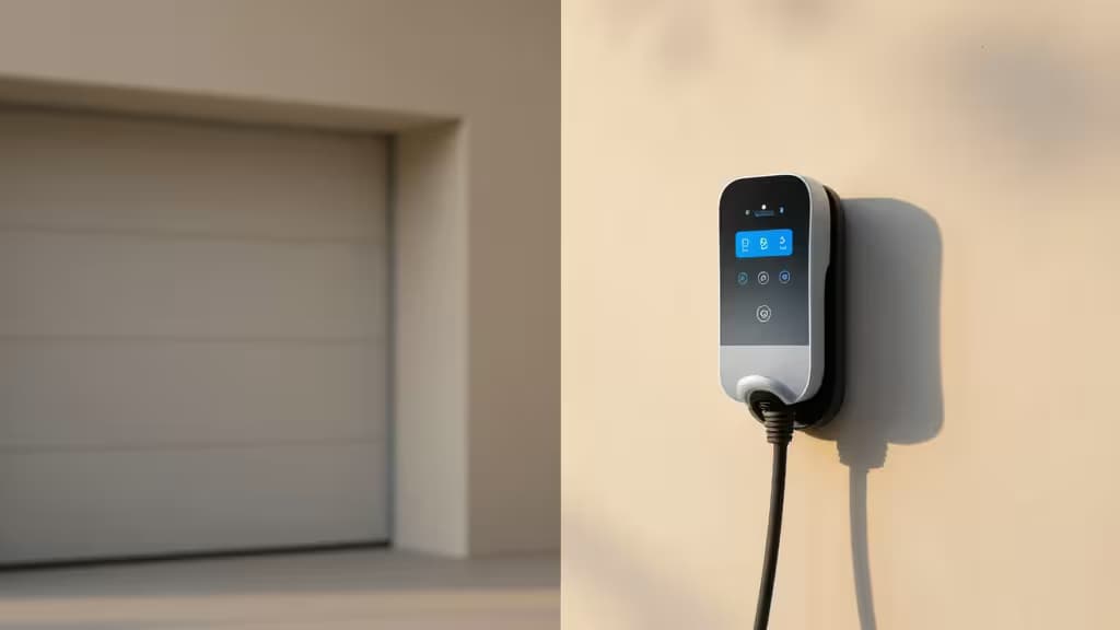 Smart garage features wall-mounted EV charger with digital display and sleek black cable.
