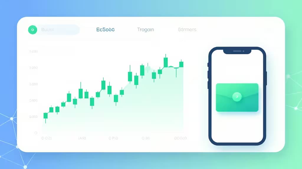 Dashboard di trading minimalista in bianco con grafici a candele verdi accanto a uno smartphone che mostra un'icona di wallet teal, su sfondo sfumato blu-verde con sottili linee di nodi blockchain.