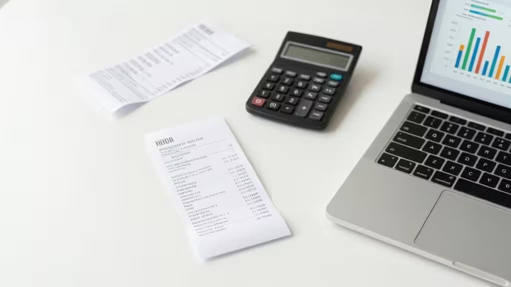 Vue de dessus d'un bureau épuré avec des reçus, une calculatrice et un ordinateur portable affichant des graphiques de dépenses colorés