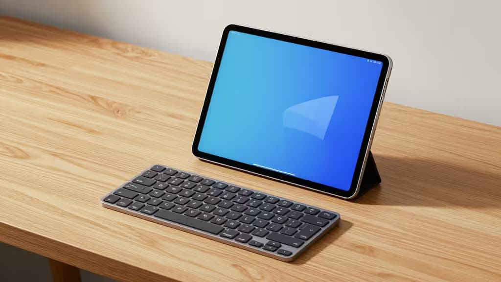 A slim low-profile Bluetooth keyboard paired with an Android tablet on a clean wooden desk, representing a budget productivity setup.