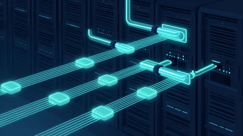 Ilustração abstrata de pipelines de processamento de jobs em background com fluxos de dados luminosos entre nós de servidor em tons de azul e teal