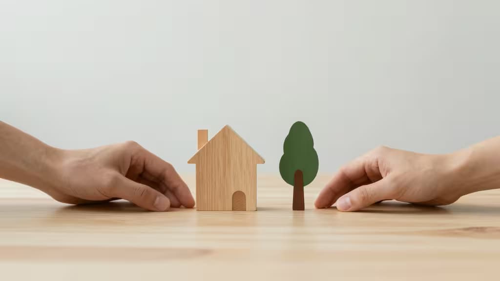 Two hands place wooden house and tree figurines on a light table, symbolizing fair asset division.