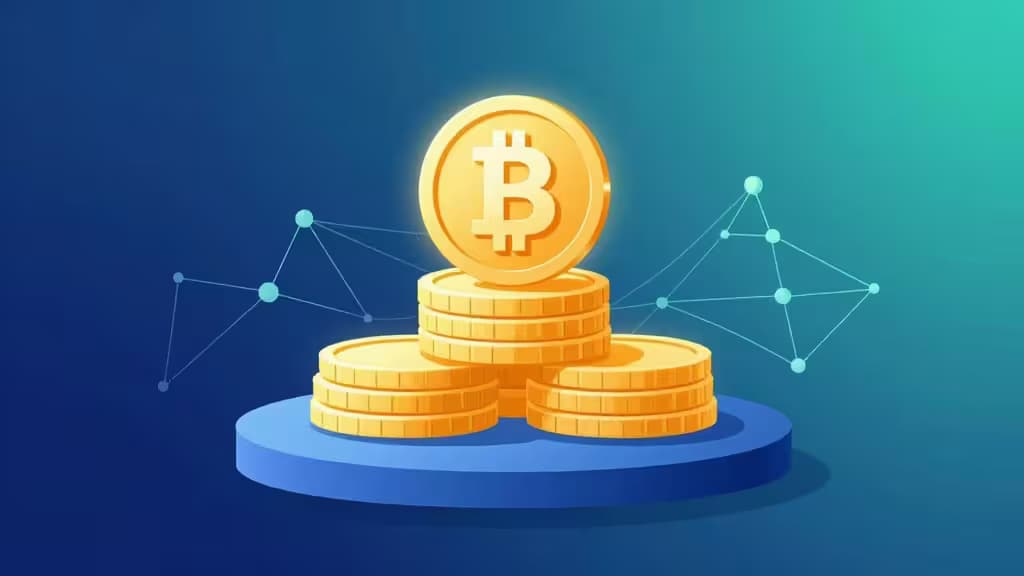 Glowing Bitcoin coins stack on a blue platform, flanked by network nodes against a gradient blue-green background.