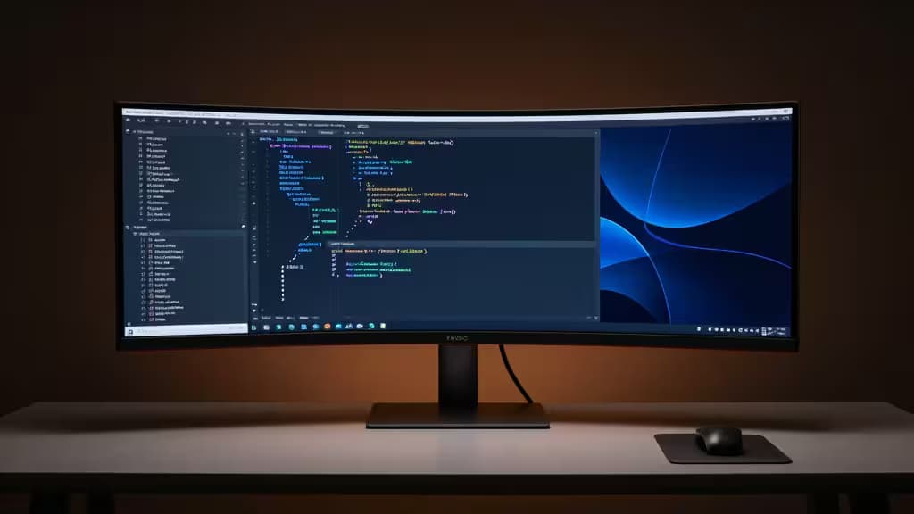Sleek curved monitor displays code on minimalist desk, embodying modern developer workspace aesthetics.