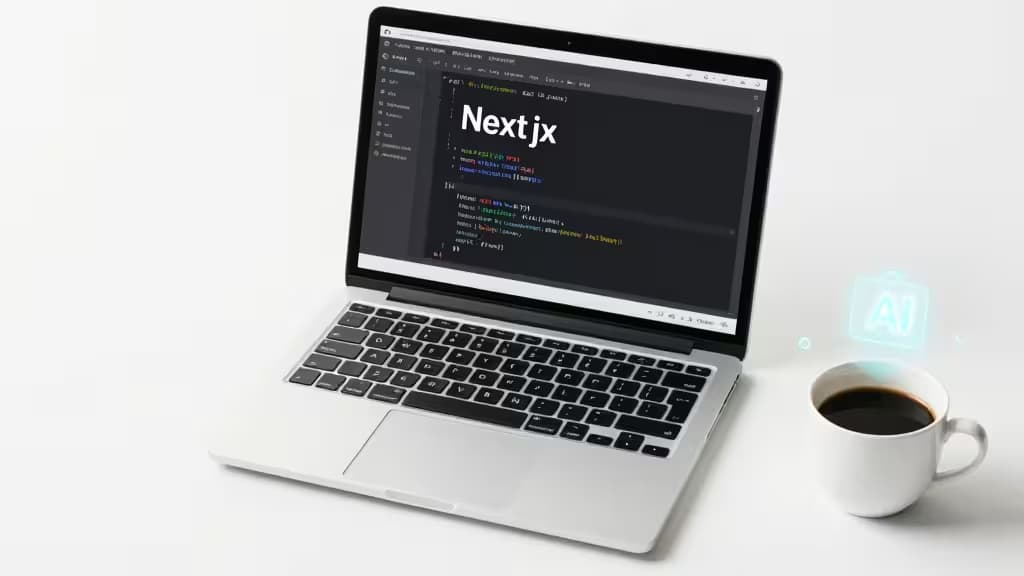 Laptop displays Next.js code beside coffee cup and glowing AI icon on white desk.