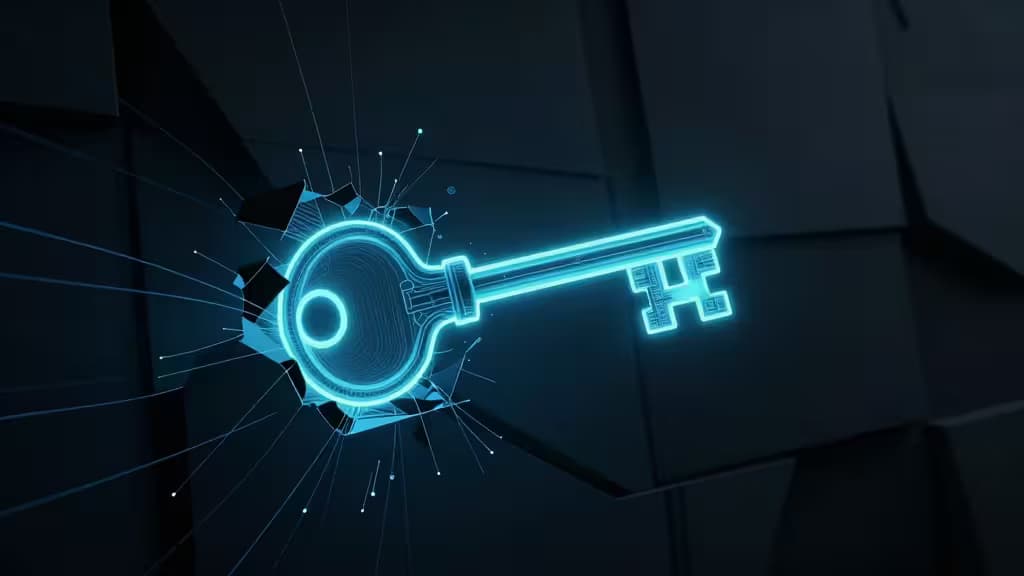 Glowing blue digital key shatters dark geometric wall, symbolizing unlocking restricted internet access.