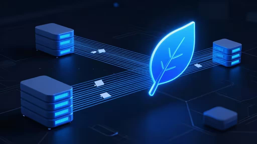 Blue server stacks connect to a glowing leaf icon via data streams on a circuit board.