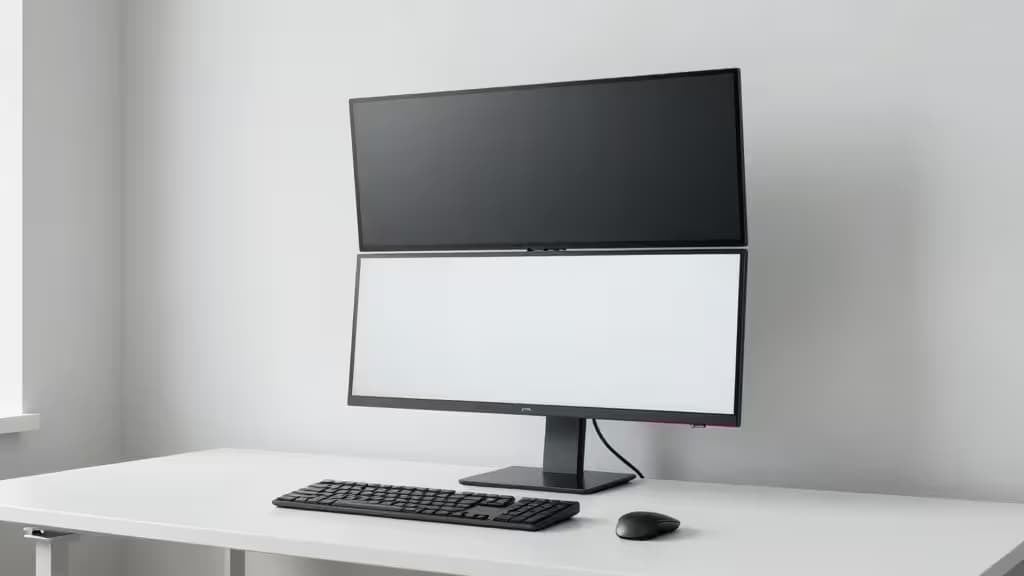 Dois monitores pretos empilhados verticalmente sobre uma mesa branca, mostrando um setup duplo elegante.