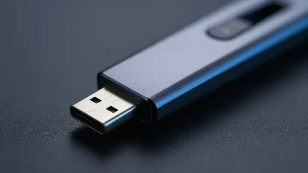 A sleek USB-C hardware security key resting on a dark surface with soft blue rim lighting, representing passkey storage and phishing-resistant authentication.