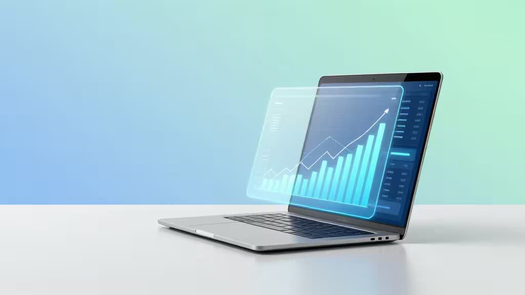 Srebrny laptop wyświetla świecące niebieskie wykresy wzrostu finansowego na ekranie.