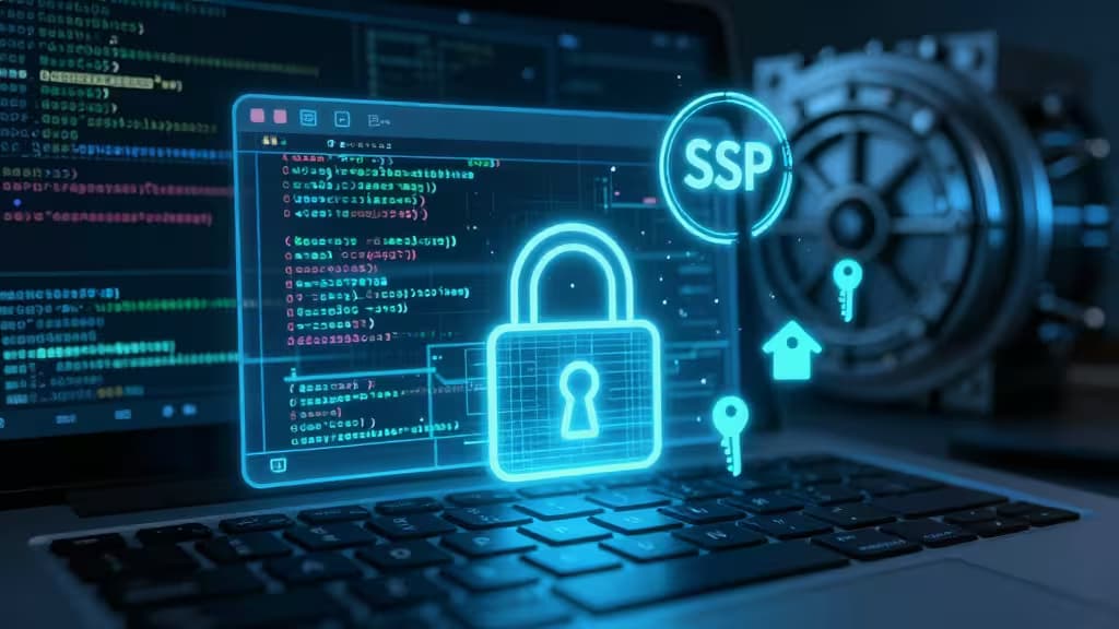Holographic padlock, keys, and SSH icon float above a laptop displaying code, symbolizing secure developer workflows.