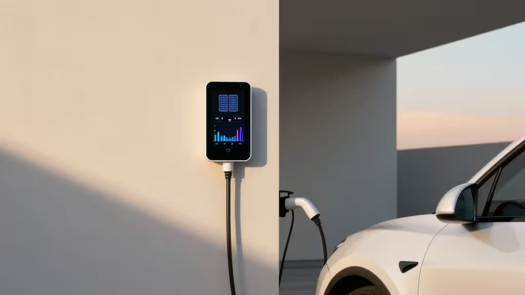 A sleek white EV charges via a wall-mounted smart monitor displaying real-time energy data.