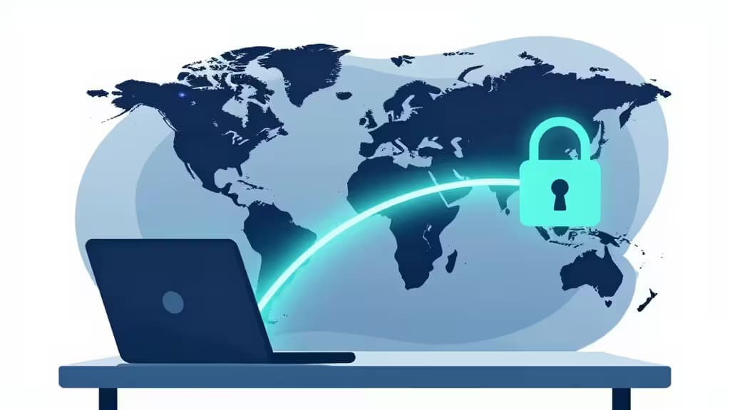 Laptop connects via glowing secure line to global map padlock, symbolizing encrypted remote work travel.