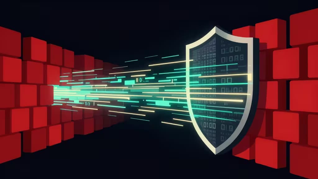 Glowing binary streams pierce a red block wall, shielded by a digital barrier.