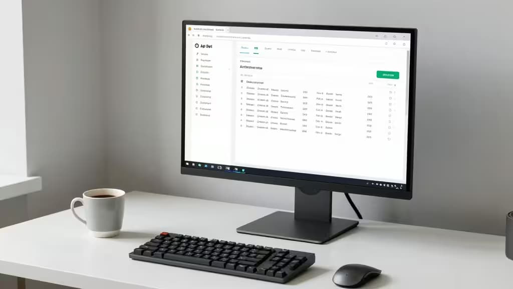 Ein weißer Schreibtisch mit einem Monitor, der API-Testing-Tools anzeigt, sowie Tastatur, Maus und Kaffeetasse