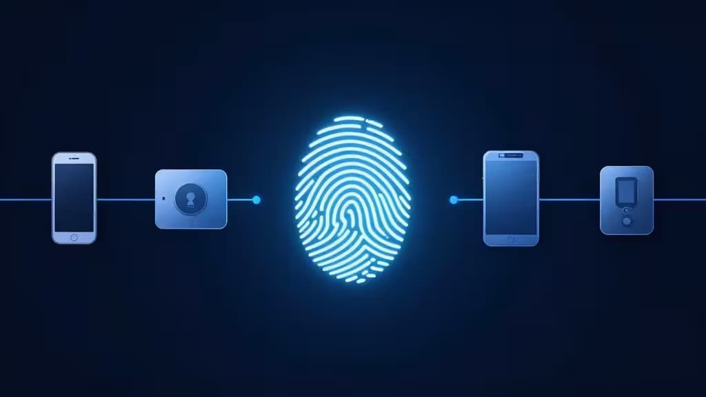 Abstract digital security illustration showing a glowing fingerprint unlocking a connected chain of devices in deep blue tones