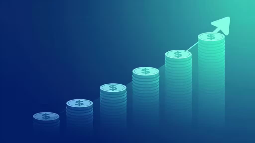 Moedas de dólar empilhadas sobem na diagonal com uma seta ascendente, simbolizando o crescimento em investimentos DCA de cripto contra um fundo em gradiente de azul a verde-azulado.