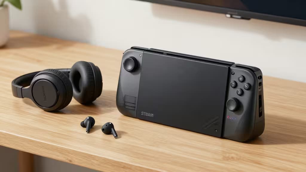 Black Steam Deck console rests beside over-ear headphones and in-ear buds on wood desk.