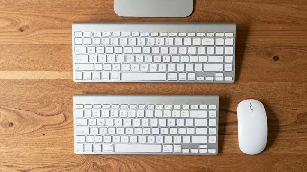 Overhead flat-lay of three ergonomic keyboards on a wooden desk