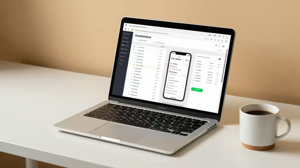Un MacBook muestra una interfaz de comparación de bases de datos junto a una taza de café sobre un escritorio blanco.