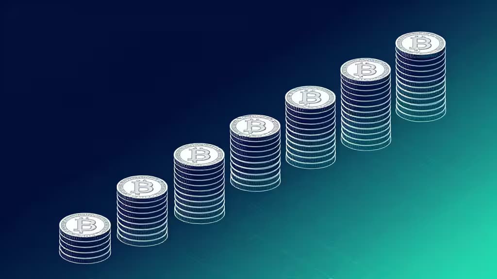 Stacked Bitcoin coins rise diagonally across a glowing blockchain grid, symbolizing steady DCA growth in 2026.