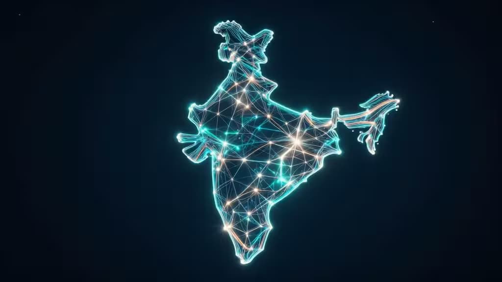 Abstract digital illustration of India formed from glowing network nodes and fiber-optic light trails on a deep navy background with teal and amber accents.