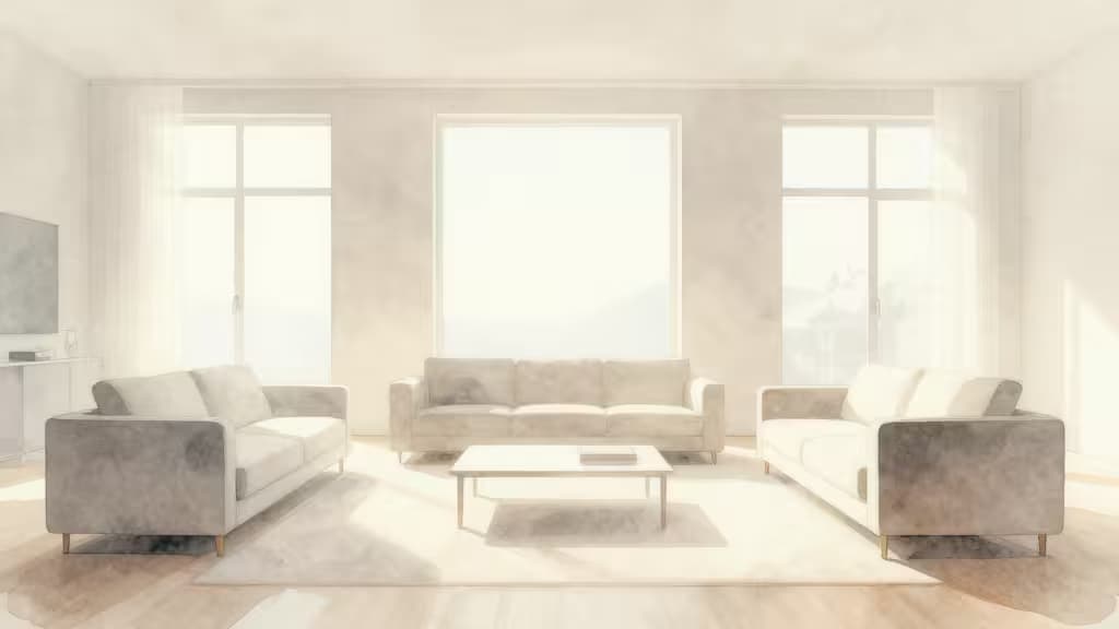 Abstract watercolor-style rendering of a modern living room with translucent furniture silhouettes appearing as if generated by AI, warm natural light streaming through windows.