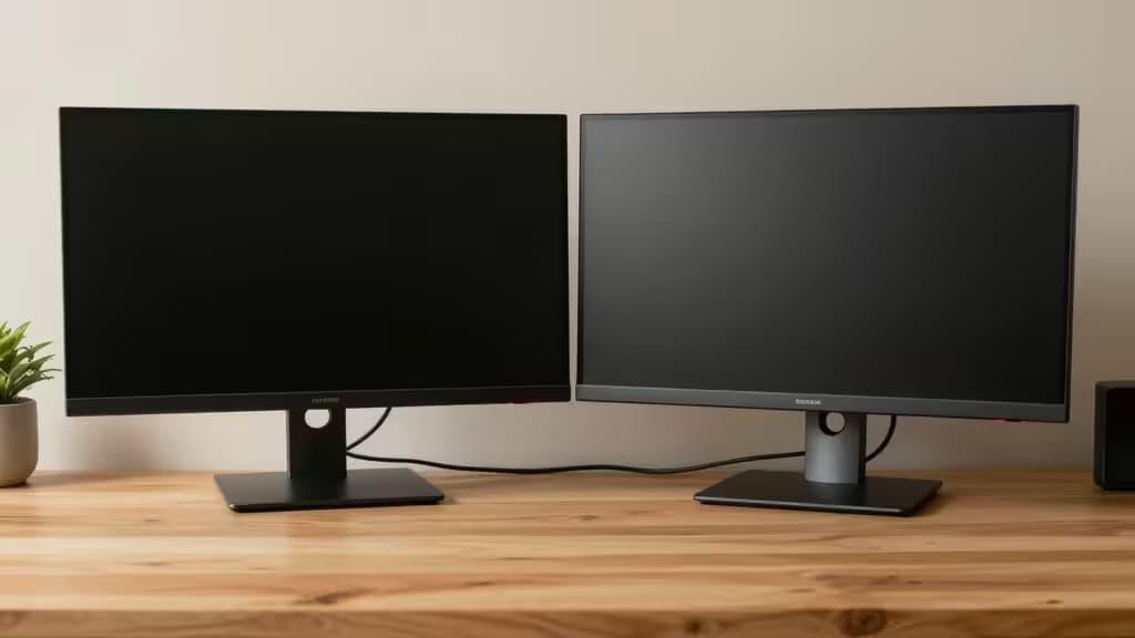 Two black monitors sit side by side on a light wood desk, showcasing a dual-screen setup.