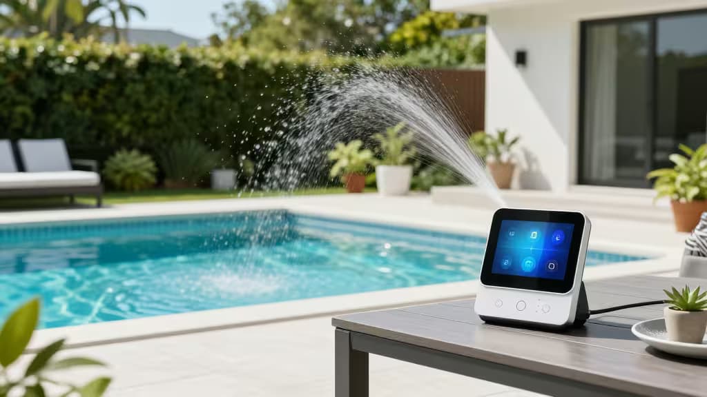 A smart home device on a wooden table controls a sprinkler in a sunny poolside garden.
