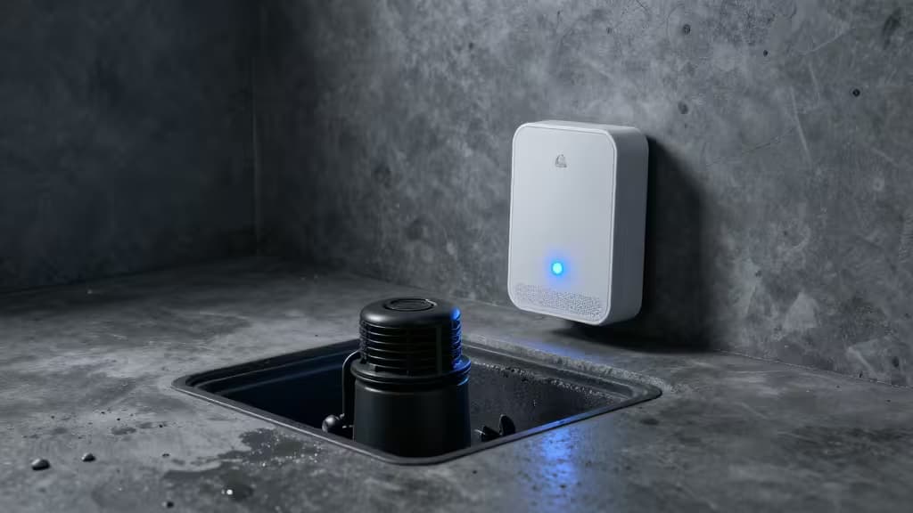A dimly lit basement utility room with a sump pump pit and a small smart water leak sensor emitting a blue indicator light on the concrete floor.