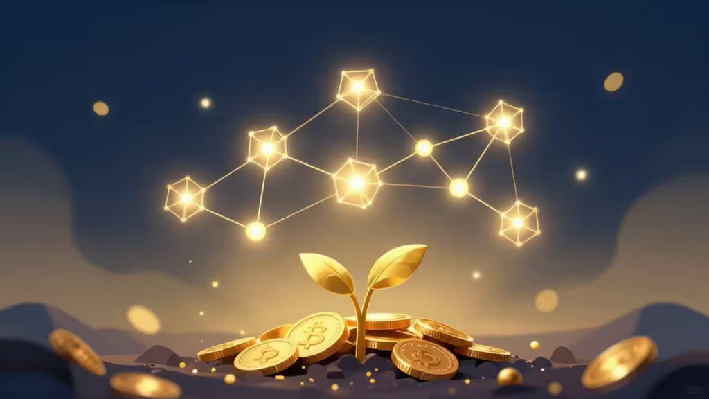 Abstrakte digitale Illustration von Krypto-Staking: leuchtende Blockchain-Knoten, verbundene Linien und goldene Coins, die aus digitalem Boden wachsen, in tiefblauem und goldenem Farbschema.