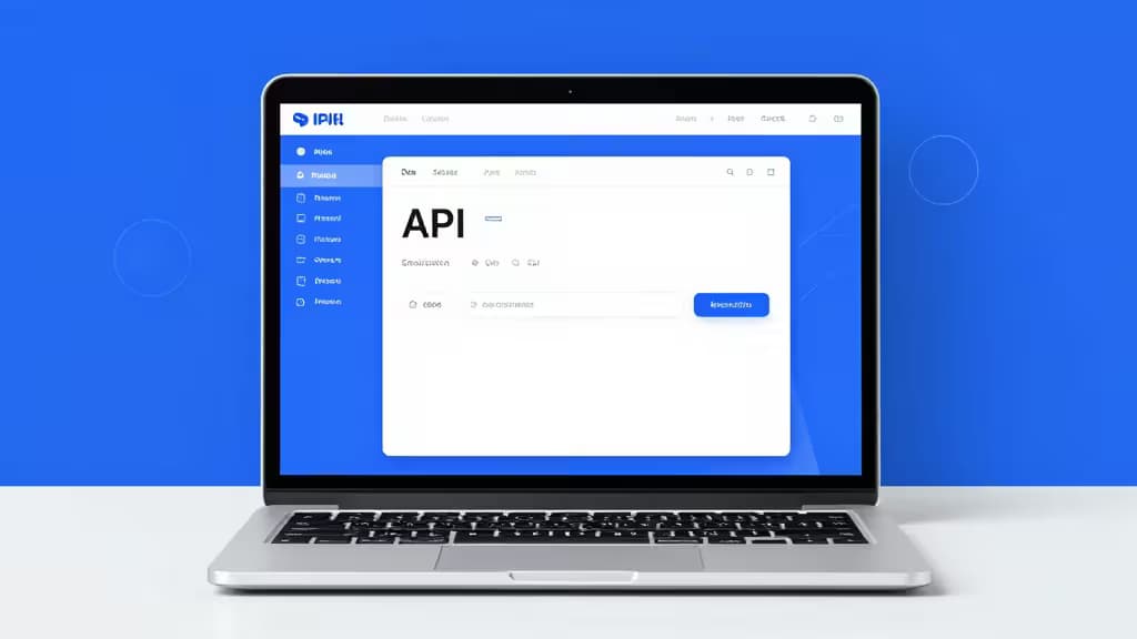 Laptop displays API testing dashboard on blue background, highlighting developer tools for REST APIs.