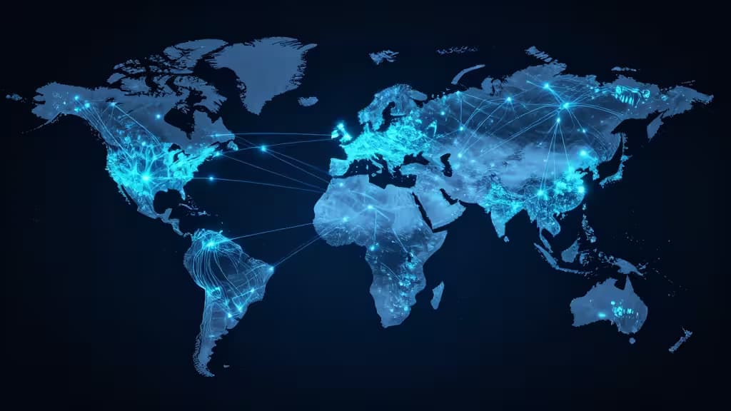 Glowing blue network lines connect global city nodes on a translucent world map, symbolizing low-latency edge database connectivity.