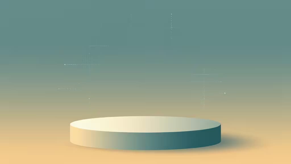A minimalist white pedestal floats against a gradient teal-to-amber backdrop, symbolizing AI-generated commercial assets ready for licensing and use-case comparison.