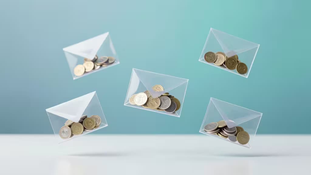 Ilustração abstracta de envelopes digitais transparentes com moedas e notas sobre um fundo azul-petróleo, representando sub-contas bancárias empresariais.