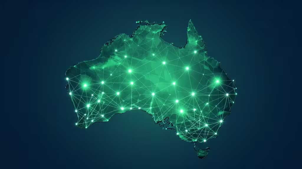 Glowing green nodes and lines form a secure digital network across Australia's map.