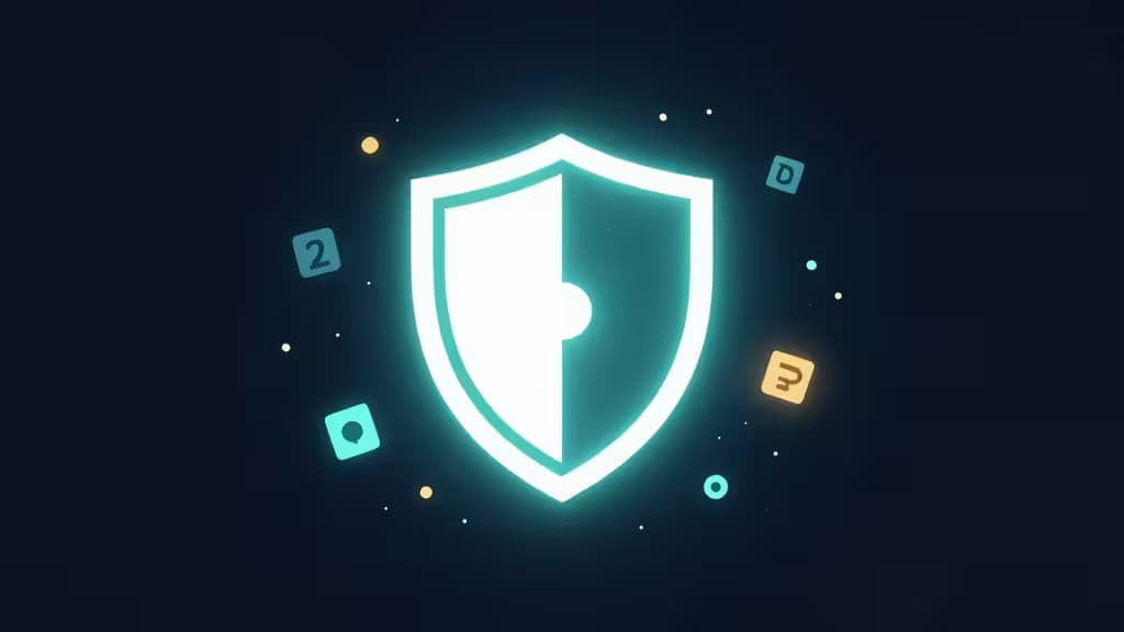 Escudo brillante en tono turquesa que bloquea iconos de anuncios flotantes contra un fondo oscuro.