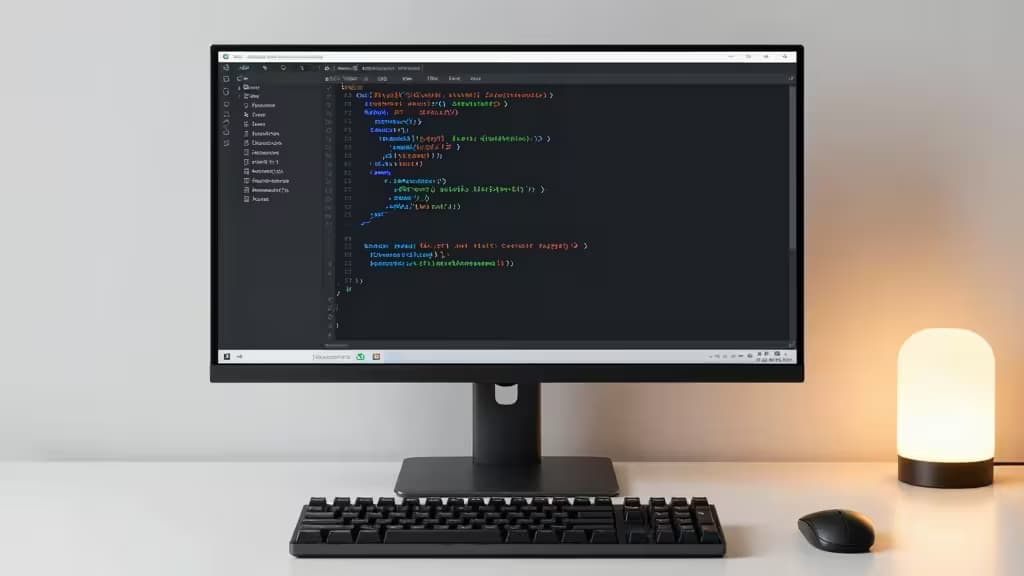 Een zwart toetsenbord en muis liggen voor een monitor met TypeScript-code, naast een gloeiende lamp.