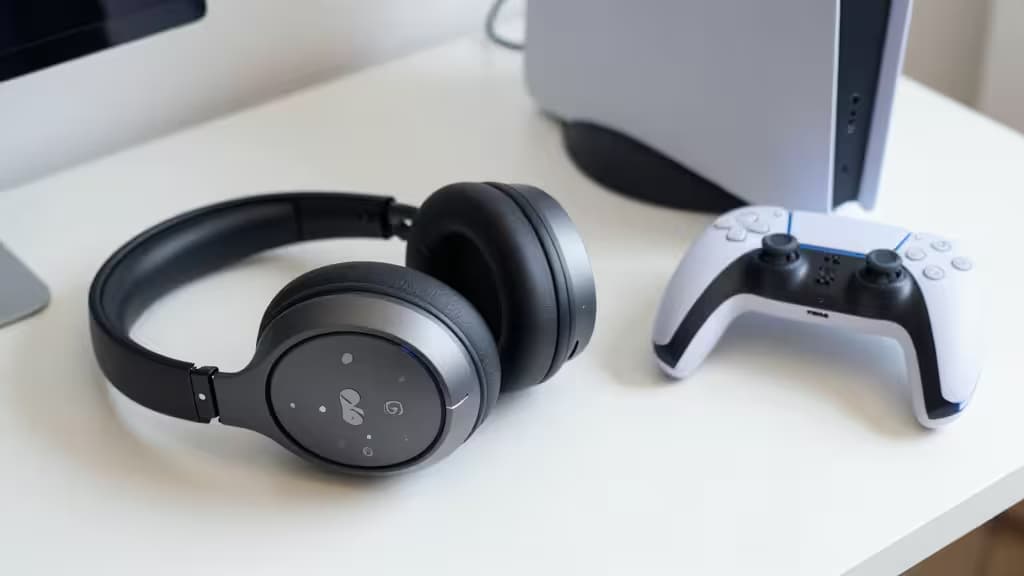 Black over-ear gaming headset rests beside white PS5 controller on clean desk.