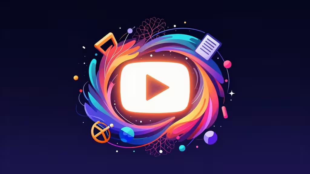 Светящаяся кнопка воспроизведения YouTube в окружении разноцветных абстрактных завихрений, иконок и искр на тёмно-синем фоне.