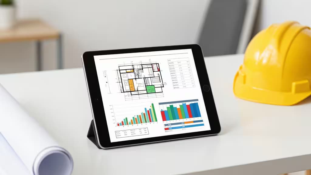 Tablette affichant des plans de construction et des graphiques de dépenses à côté d'un casque de chantier jaune sur un bureau blanc.