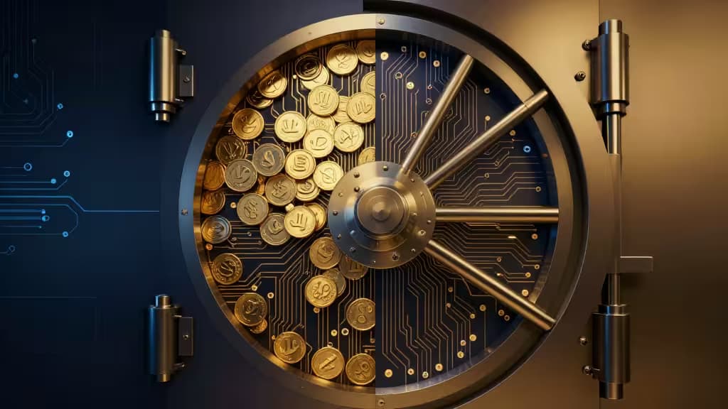 Metal vault door split between gold crypto coins and blue circuit boards, symbolizing CeFi and DeFi savings platforms.