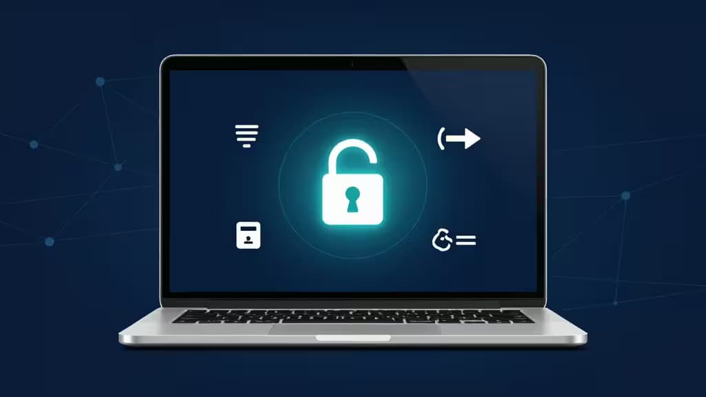 Laptop con interfaccia VPN e luci di rete su sfondo blu scuro, simbolo di connessione sicura e port forwarding.