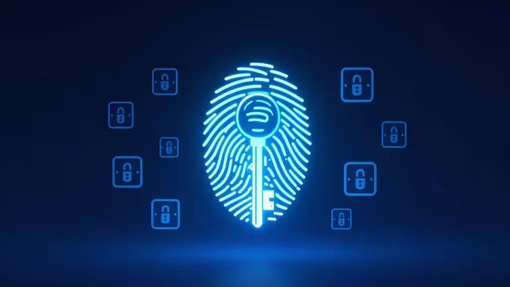 Concept de sécurité numérique : une clé lumineuse se transformant en empreinte digitale, entourée d'icônes de coffre-fort chiffrés sur fond bleu nuit.