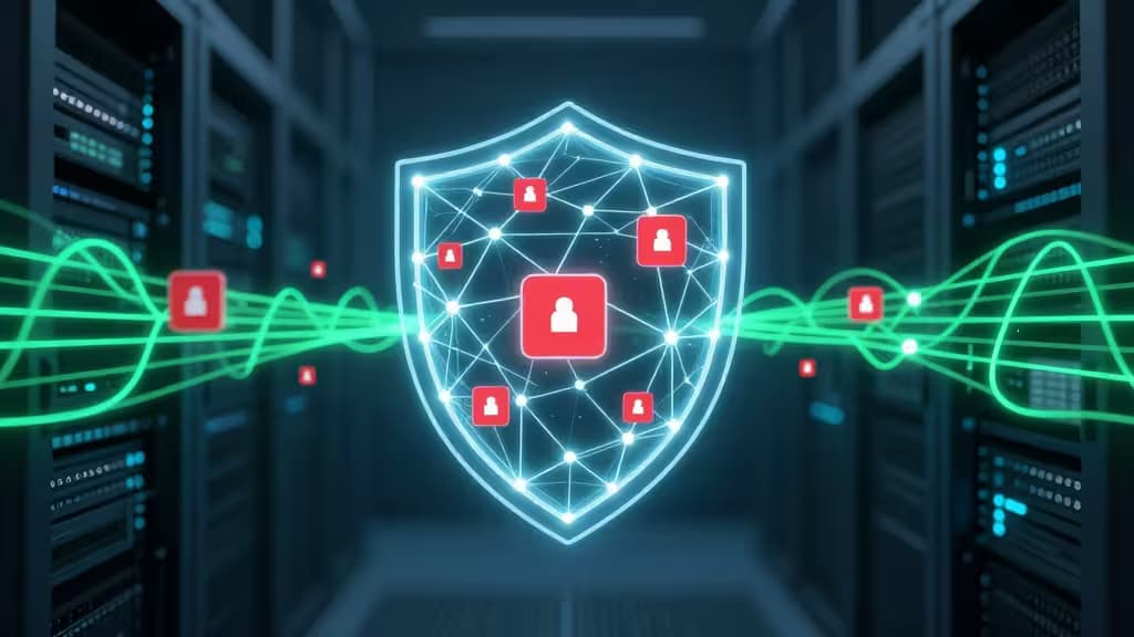 Glowing blue shield with red user icons floats between server racks, encircled by green data waves symbolizing encrypted VPN tunnels and network-level ad blocking.