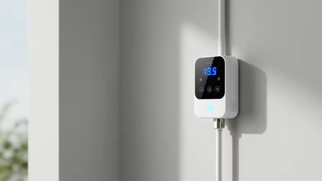 White plastic smart water leak detector with blue digital display and glowing indicator, mounted on a smooth white wall beside a vertical pipe.