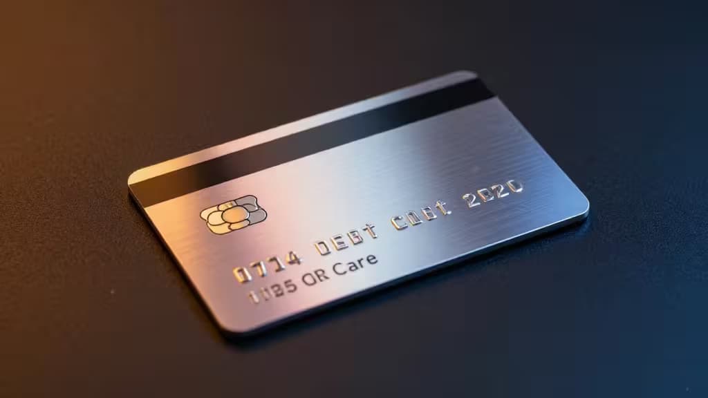 Metallic crypto debit card met reliëf, rustend op een donker gestructureerd oppervlak.