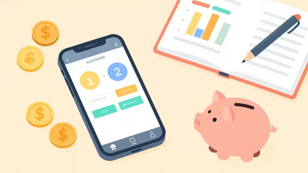 Flat-lay van een gezinsbudget-setup met smartphone, spaarvarken, munten en grafieken in zachte pasteltinten