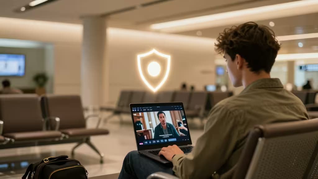 Un voyageur utilise un ordinateur portable avec une icône de bouclier lumineux, symbolisant le streaming sécurisé via VPN dans un salon d'aéroport.